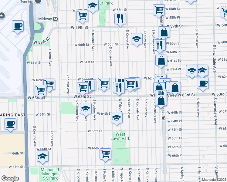 map of restaurants, bars, coffee shops, grocery stores, and more near 6228 South Kildare Avenue in Chicago
