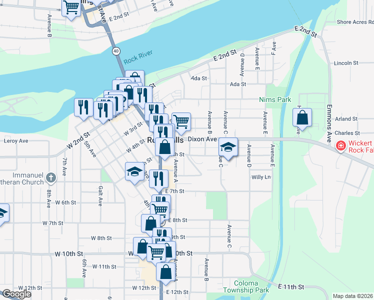 map of restaurants, bars, coffee shops, grocery stores, and more near 302 Dixon Avenue in Rock Falls