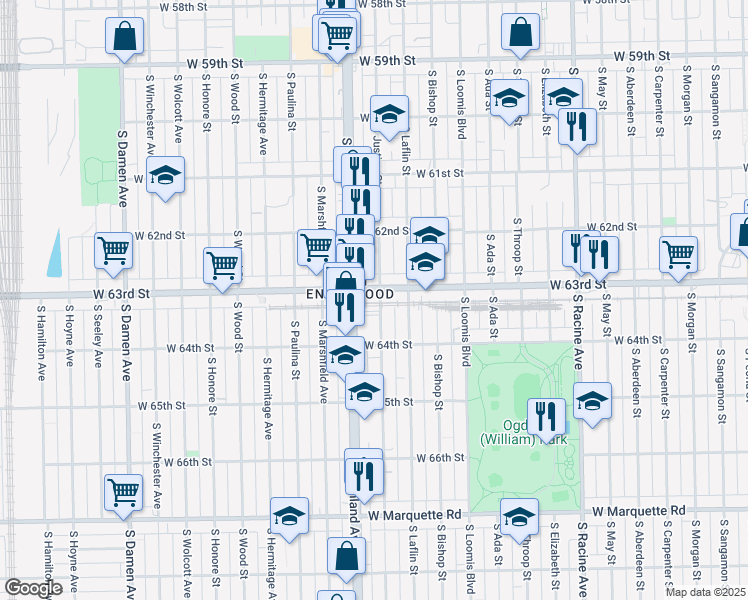 map of restaurants, bars, coffee shops, grocery stores, and more near 1535 West 63rd Street in Chicago