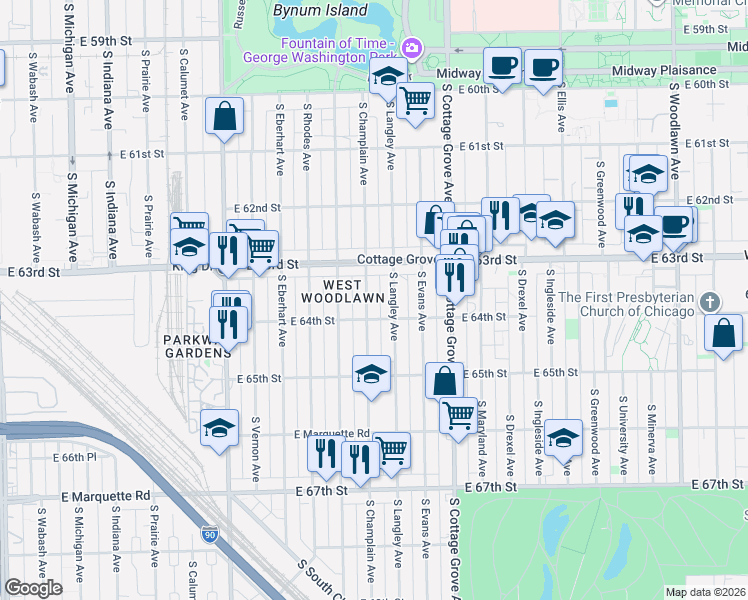 map of restaurants, bars, coffee shops, grocery stores, and more near 6325 South Champlain Avenue in Chicago