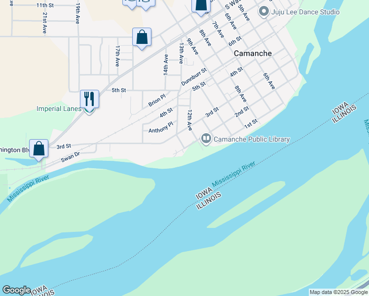 map of restaurants, bars, coffee shops, grocery stores, and more near 201 13th Avenue in Camanche