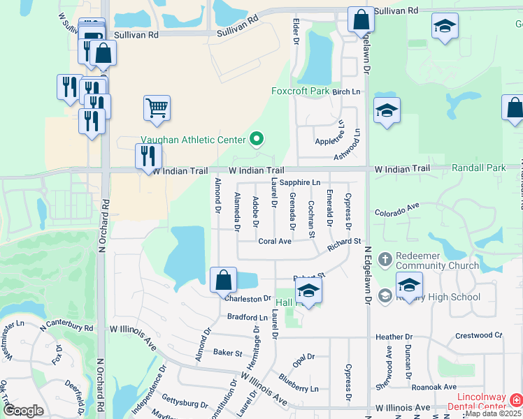 map of restaurants, bars, coffee shops, grocery stores, and more near 1110 Adobe Drive in Aurora