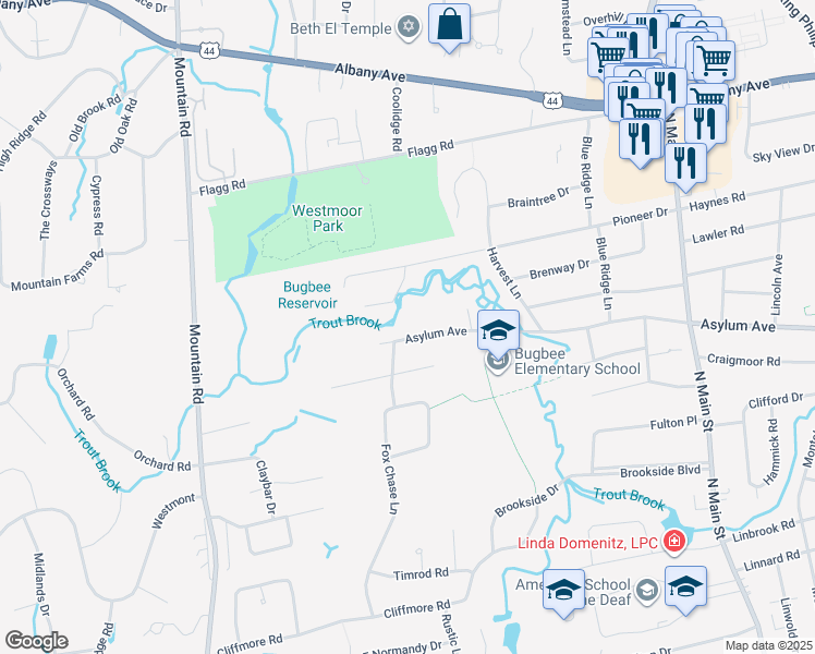 map of restaurants, bars, coffee shops, grocery stores, and more near 136 Fox Chase Lane in West Hartford