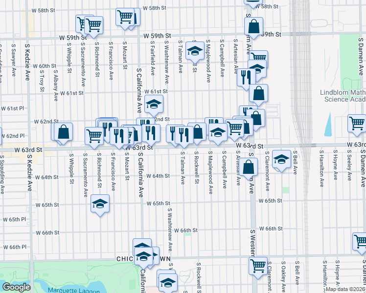 map of restaurants, bars, coffee shops, grocery stores, and more near W 63rd St & S Talman Ave in Chicago