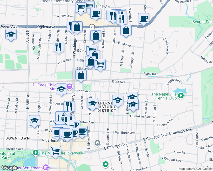 map of restaurants, bars, coffee shops, grocery stores, and more near 252 East 4th Avenue in Naperville
