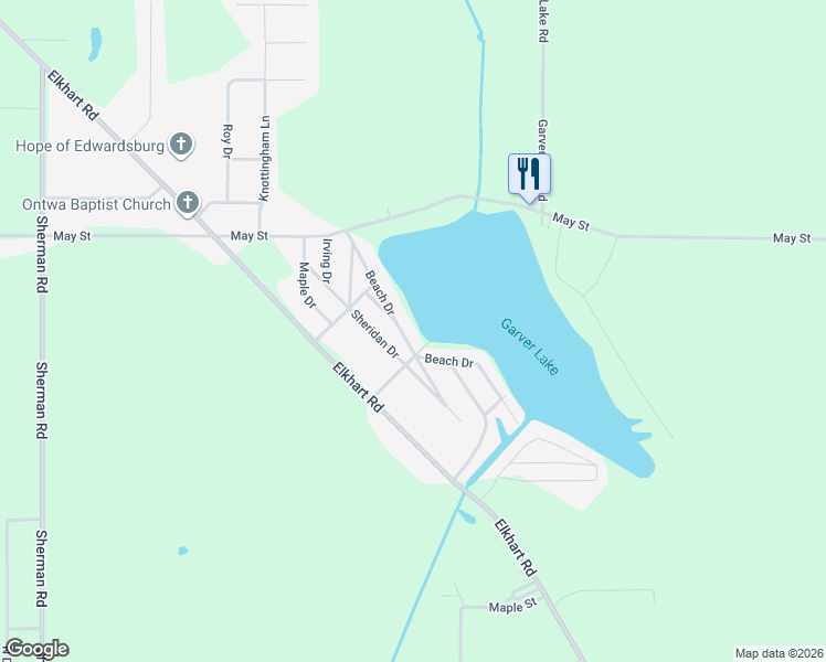 map of restaurants, bars, coffee shops, grocery stores, and more near 70157 Beach Drive in Edwardsburg