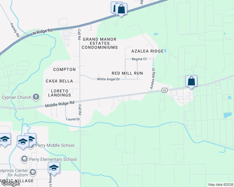 map of restaurants, bars, coffee shops, grocery stores, and more near 4633 Middle Ridge Road in Perry