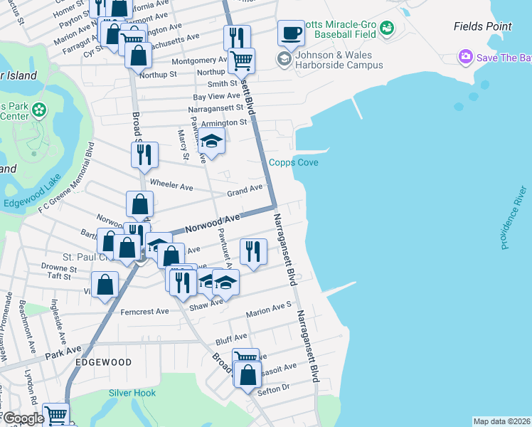 map of restaurants, bars, coffee shops, grocery stores, and more near 83 Norwood Avenue in Cranston
