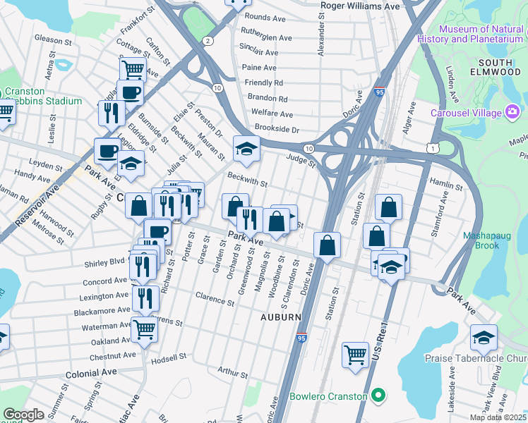 map of restaurants, bars, coffee shops, grocery stores, and more near 81 Greenwood Street in Cranston