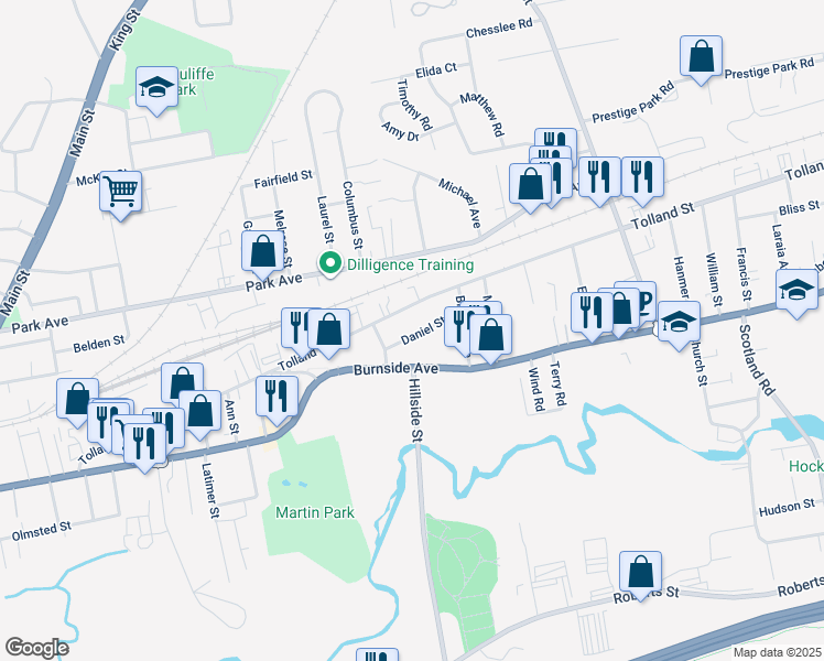 map of restaurants, bars, coffee shops, grocery stores, and more near 307a Tolland Street in East Hartford
