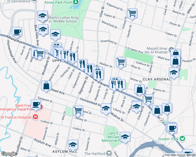 map of restaurants, bars, coffee shops, grocery stores, and more near 12 Vine Street in Hartford