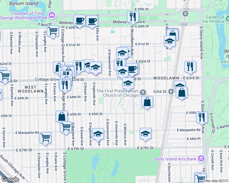 map of restaurants, bars, coffee shops, grocery stores, and more near 1118 East 64th Street in Chicago