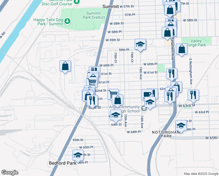 map of restaurants, bars, coffee shops, grocery stores, and more near 7539 West 61st Place in Summit