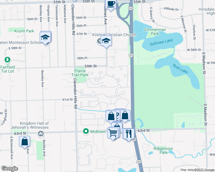 map of restaurants, bars, coffee shops, grocery stores, and more near 96 Ascot Lane in Willowbrook