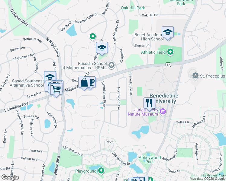 map of restaurants, bars, coffee shops, grocery stores, and more near 2580 Retreat Circle in Lisle