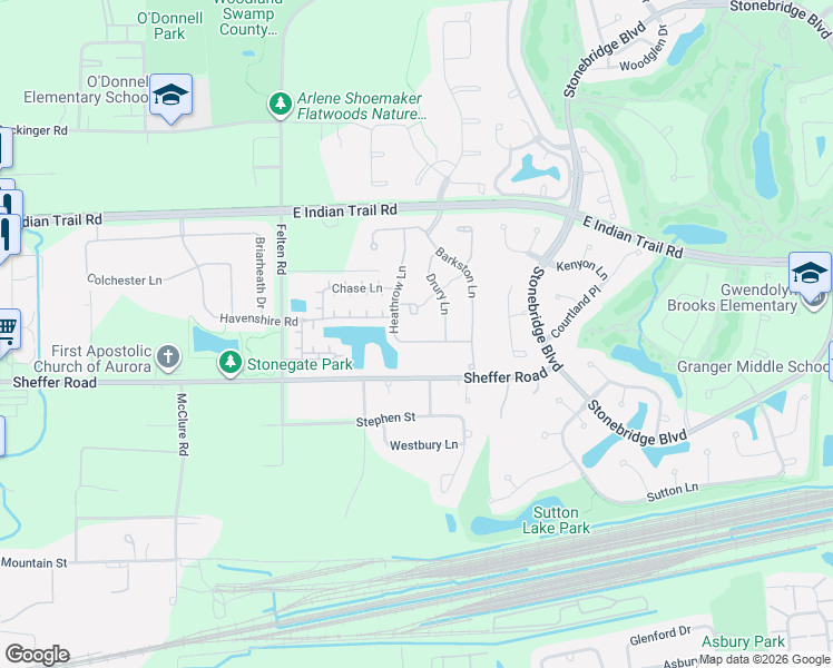 map of restaurants, bars, coffee shops, grocery stores, and more near 1140 Drury Lane in Aurora