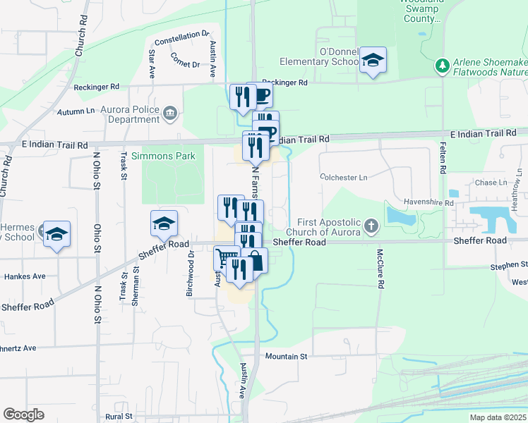 map of restaurants, bars, coffee shops, grocery stores, and more near 1055 North Farnsworth Avenue in Aurora