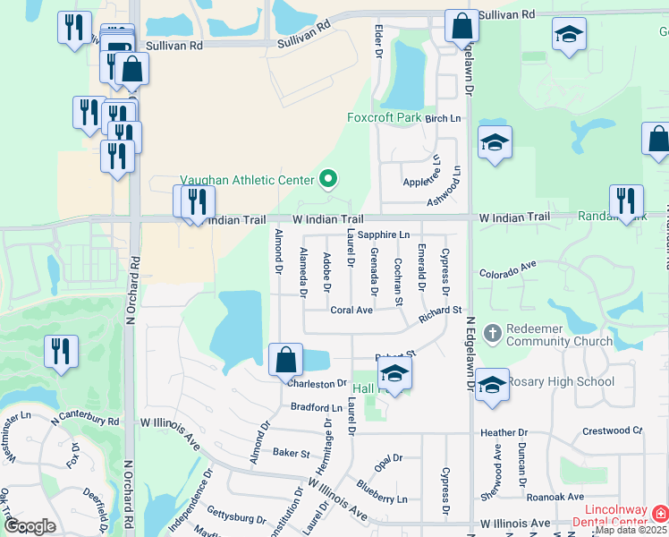 map of restaurants, bars, coffee shops, grocery stores, and more near 1110 Adobe Drive in Aurora