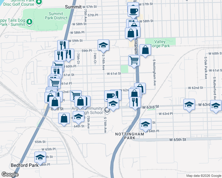map of restaurants, bars, coffee shops, grocery stores, and more near 7341 West 61st Place in Summit