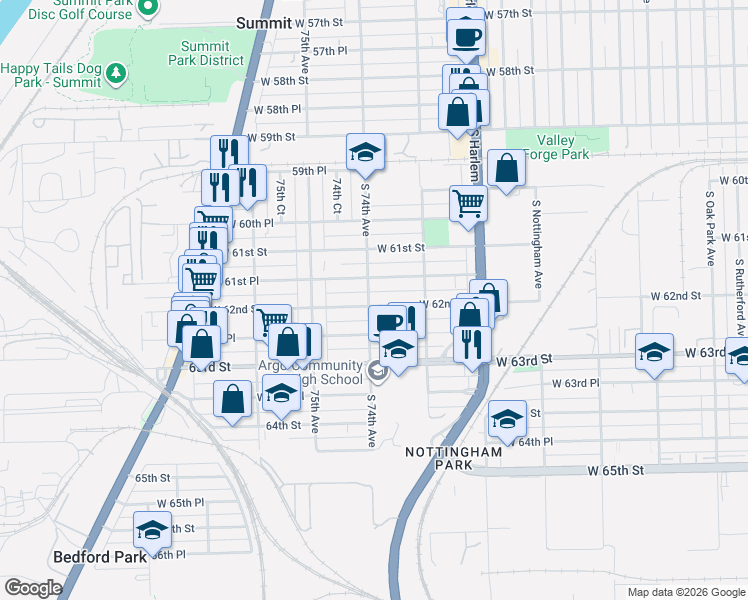 map of restaurants, bars, coffee shops, grocery stores, and more near 7341 West 61st Place in Summit