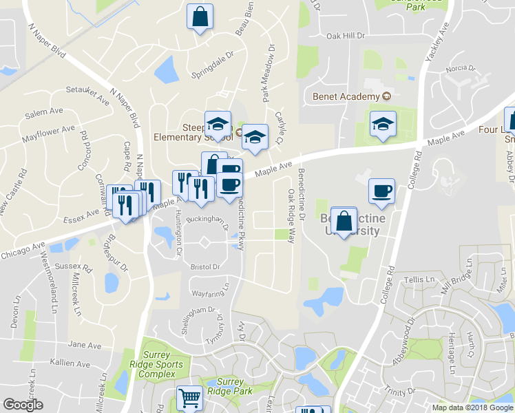 map of restaurants, bars, coffee shops, grocery stores, and more near 2580 Retreat Circle in Lisle