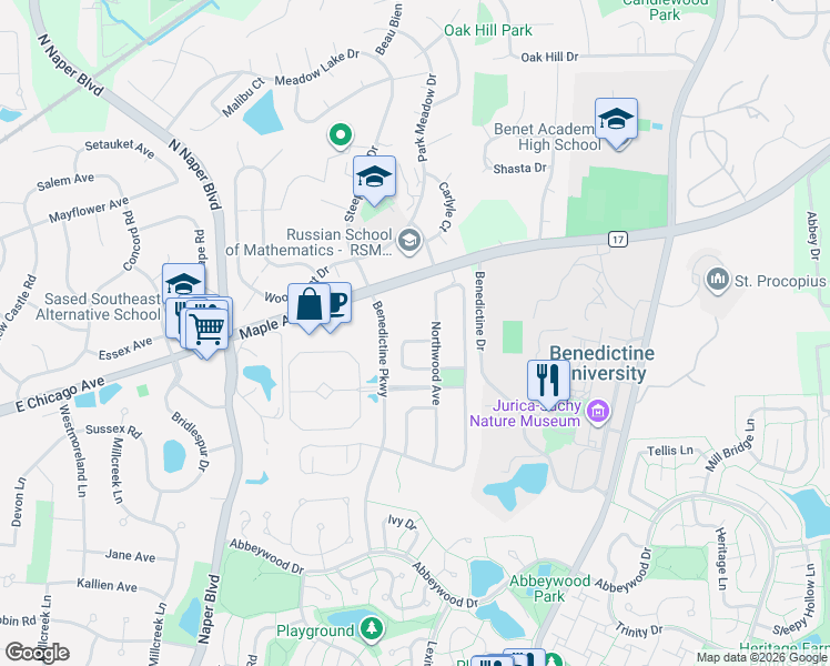 map of restaurants, bars, coffee shops, grocery stores, and more near 2580 Retreat Circle in Lisle