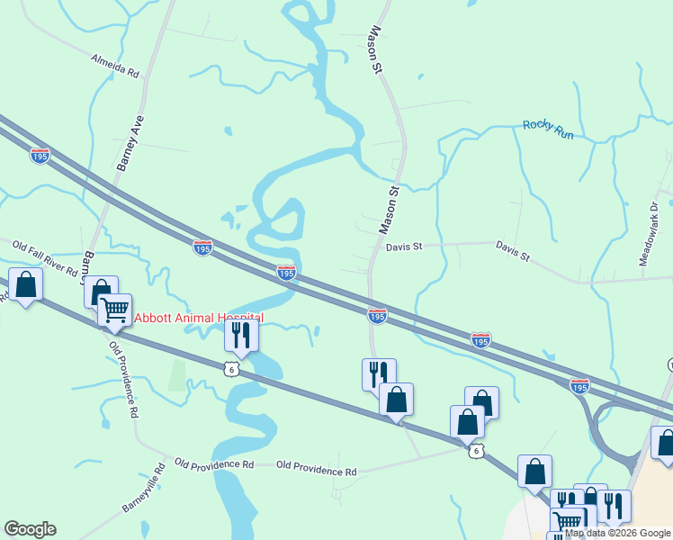 map of restaurants, bars, coffee shops, grocery stores, and more near 164 Mason Street in Rehoboth