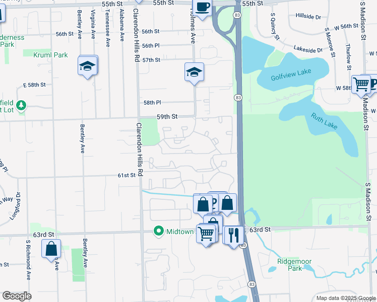 map of restaurants, bars, coffee shops, grocery stores, and more near 96 Ascot Lane in Willowbrook