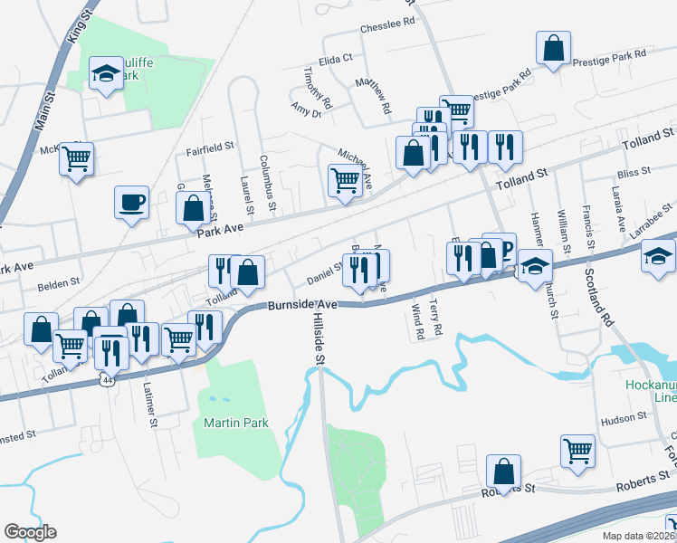 map of restaurants, bars, coffee shops, grocery stores, and more near 51 Daniel Street in East Hartford