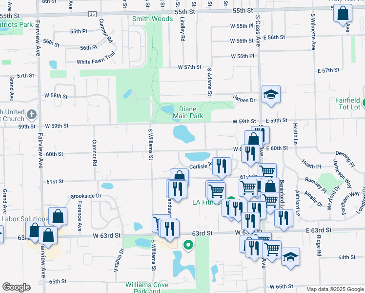 map of restaurants, bars, coffee shops, grocery stores, and more near 200 West 60th Street in Westmont