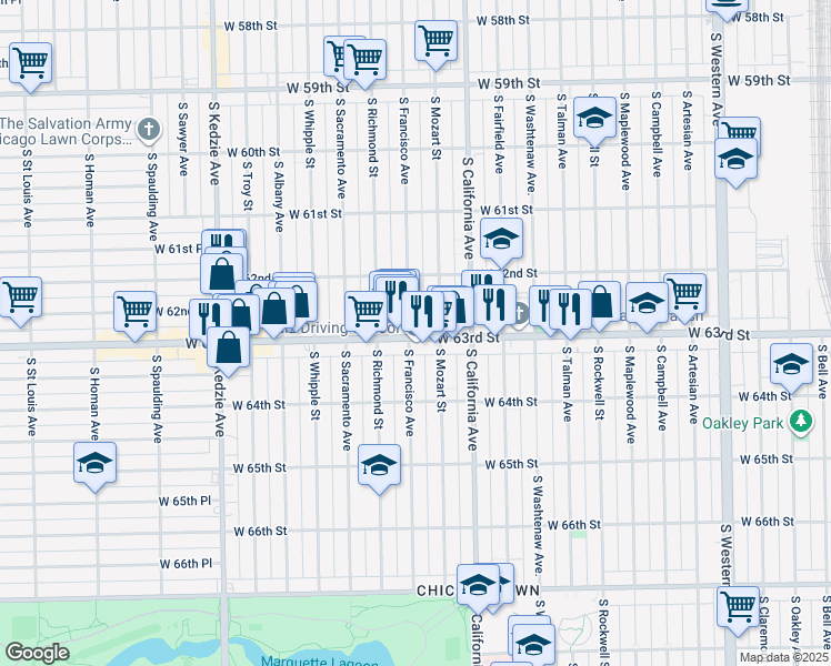 map of restaurants, bars, coffee shops, grocery stores, and more near 6242 South Francisco Avenue in Chicago