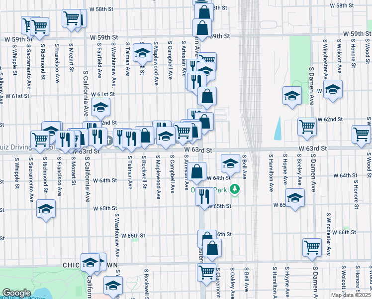 map of restaurants, bars, coffee shops, grocery stores, and more near W 63rd St & S Artesian Ave in Chicago