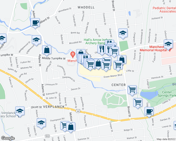 map of restaurants, bars, coffee shops, grocery stores, and more near 394 Middle Turnpike West in Manchester