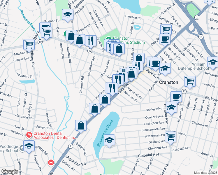 map of restaurants, bars, coffee shops, grocery stores, and more near 40 Stevens Road in Cranston