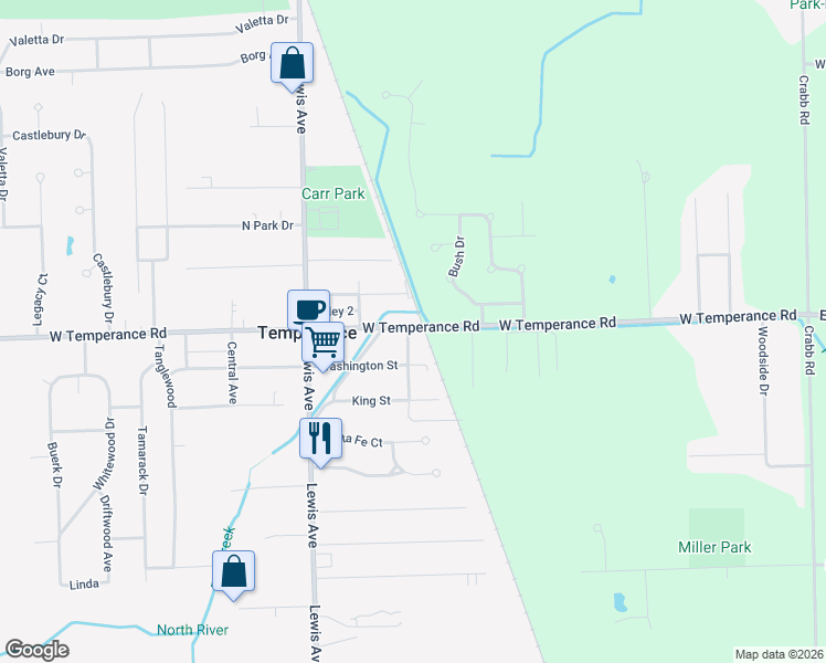map of restaurants, bars, coffee shops, grocery stores, and more near 620 West Temperance Road in Temperance