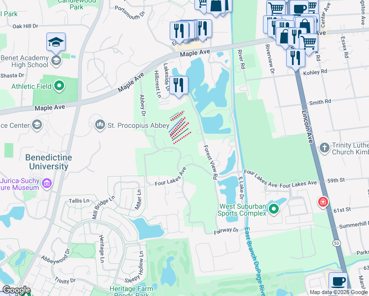 map of restaurants, bars, coffee shops, grocery stores, and more near 5807 Oakwood Drive in Lisle
