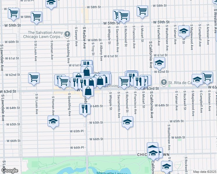 map of restaurants, bars, coffee shops, grocery stores, and more near 6243 South Albany Avenue in Chicago