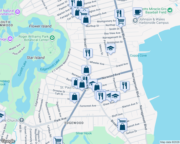 map of restaurants, bars, coffee shops, grocery stores, and more near 219 Grand Avenue in Cranston