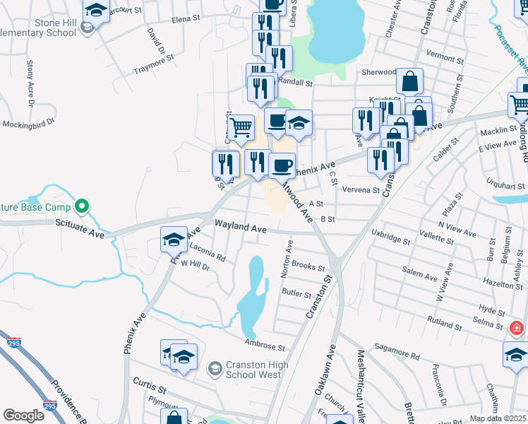 map of restaurants, bars, coffee shops, grocery stores, and more near 66 Elmhurst Avenue in Cranston