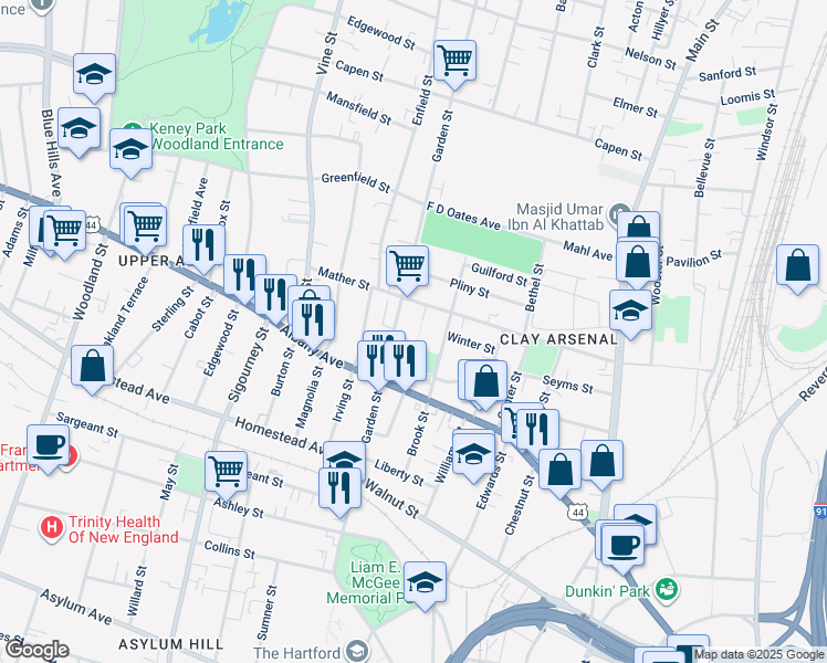 map of restaurants, bars, coffee shops, grocery stores, and more near 119-135 Bedford Street in Hartford