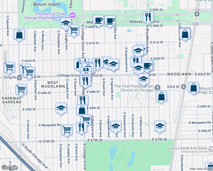 map of restaurants, bars, coffee shops, grocery stores, and more near 6330 South Drexel Avenue in Chicago