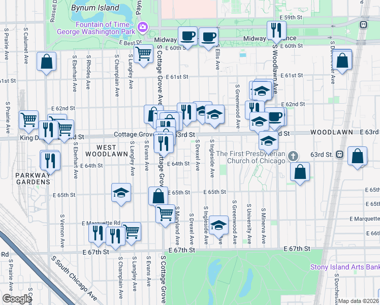 map of restaurants, bars, coffee shops, grocery stores, and more near 6330 South Drexel Avenue in Chicago