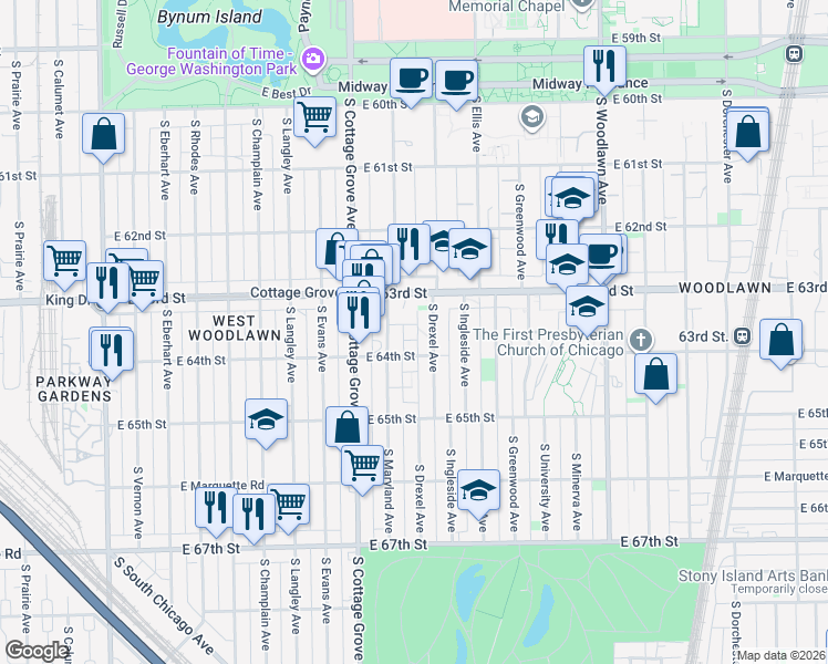 map of restaurants, bars, coffee shops, grocery stores, and more near 6330 South Drexel Avenue in Chicago