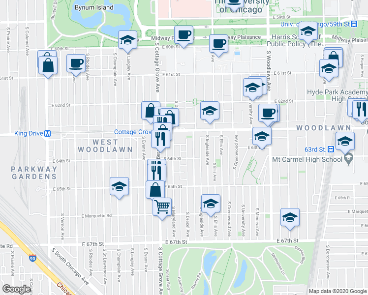 map of restaurants, bars, coffee shops, grocery stores, and more near 6330 South Drexel Avenue in Chicago