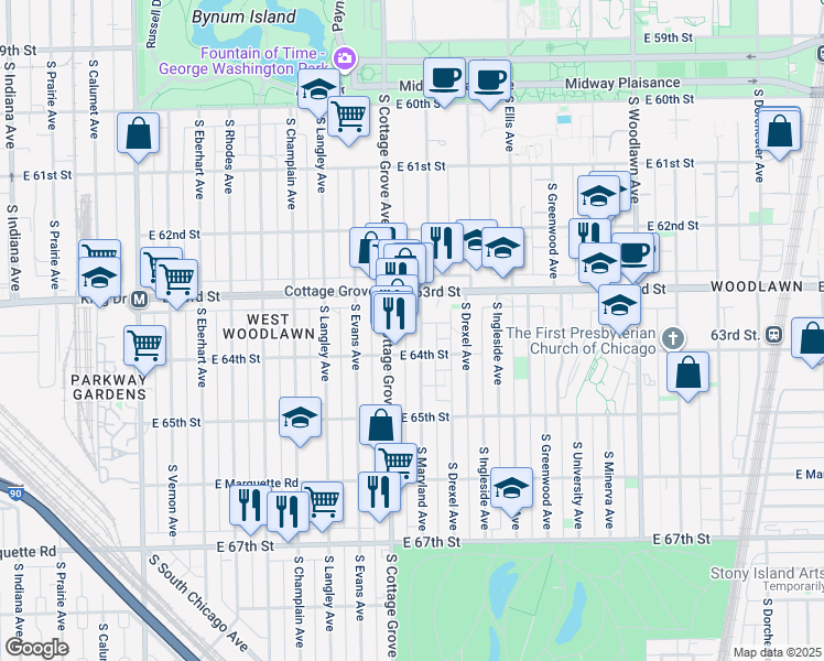 map of restaurants, bars, coffee shops, grocery stores, and more near 6334 South Maryland Avenue in Chicago