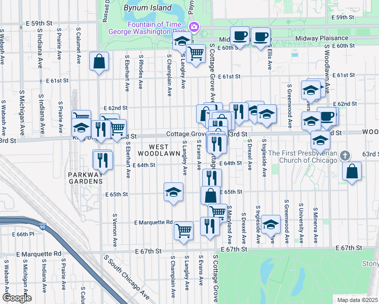 map of restaurants, bars, coffee shops, grocery stores, and more near 6324 South Evans Avenue in Chicago