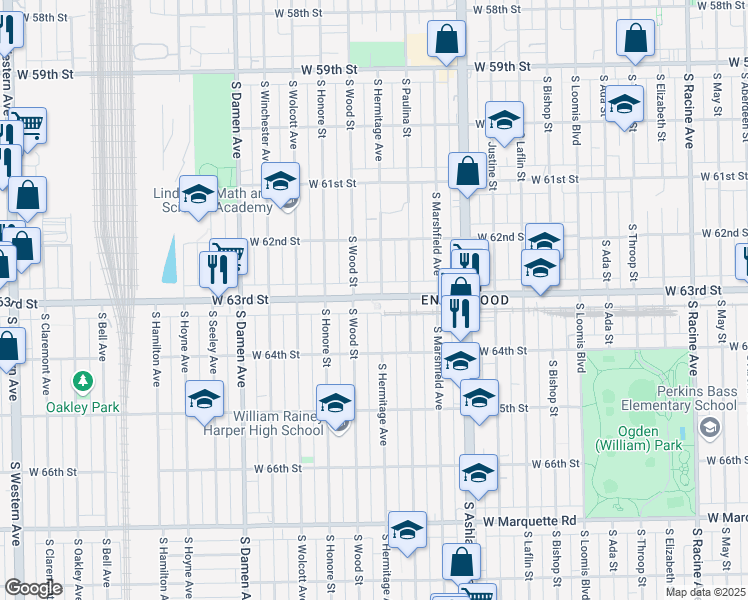 map of restaurants, bars, coffee shops, grocery stores, and more near 1718 West 63rd Street in Chicago