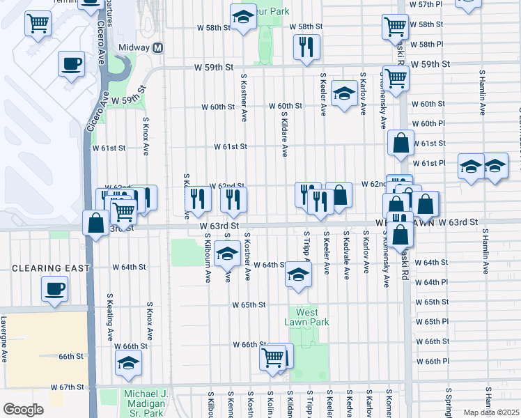 map of restaurants, bars, coffee shops, grocery stores, and more near 6231 South Kostner Avenue in Chicago