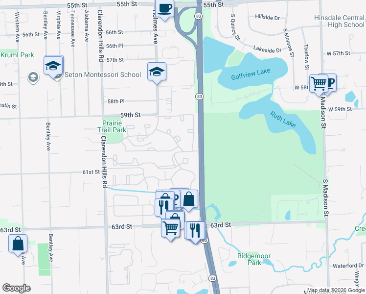 map of restaurants, bars, coffee shops, grocery stores, and more near 6060 Laurel Lane in Willowbrook