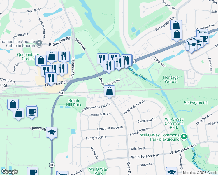 map of restaurants, bars, coffee shops, grocery stores, and more near 1250 Chalet Road in Naperville